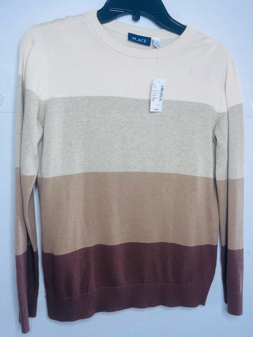 Children’s Place Kids Striped Crewneck Sweater in cream, tan, brown 10/12